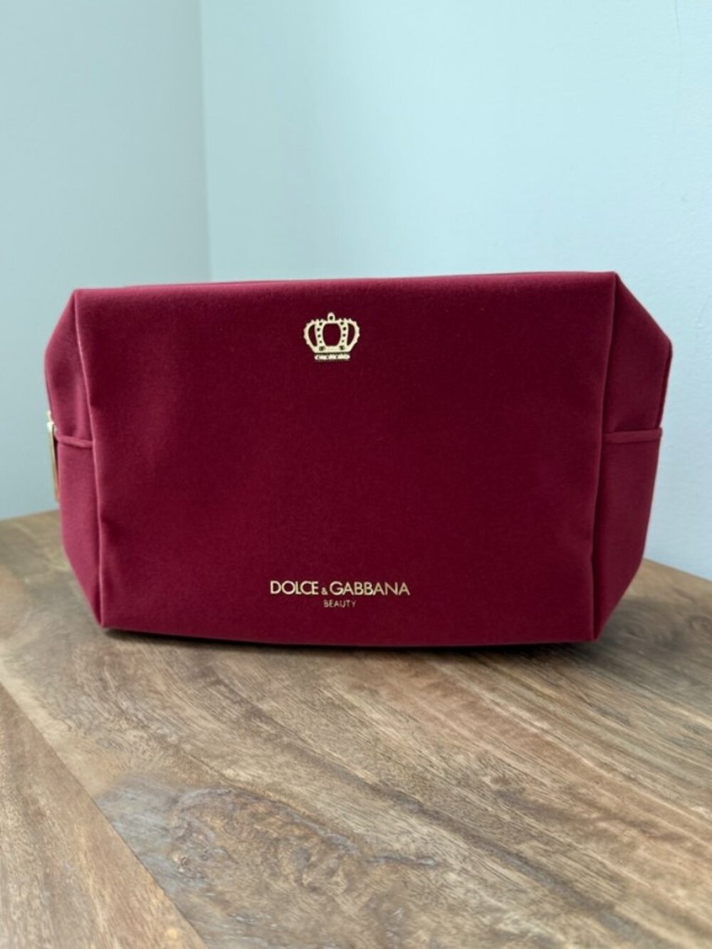 DOLCE & GABBANA Beauty Burgundy Velvet Crown Cosmetic Makeup Bag Pouch